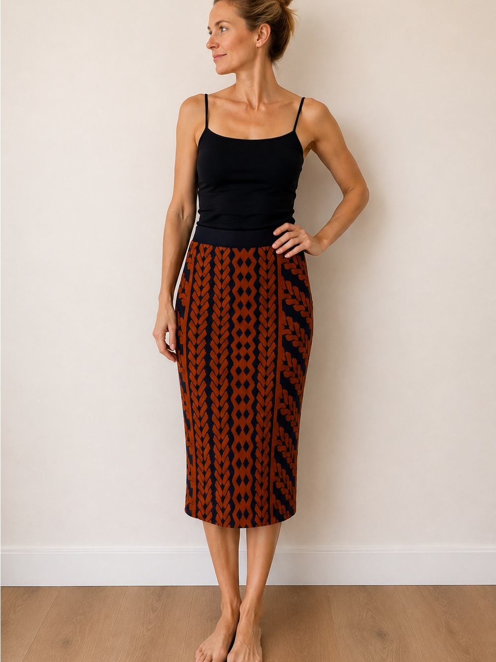Maeve Rust and Black Patterned Knit Midi Skirt